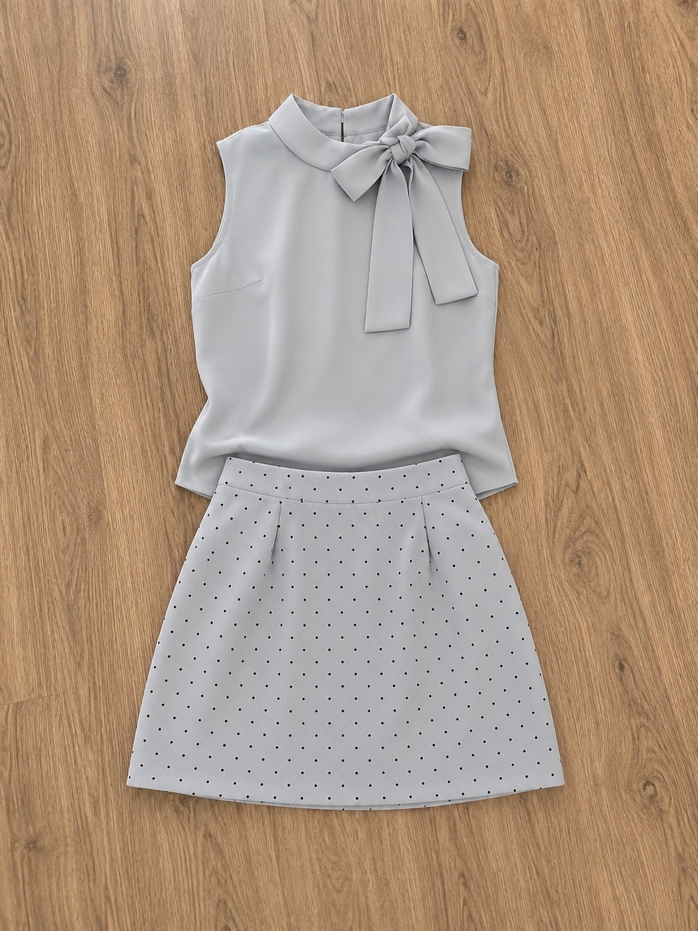 Amazon Sleeveless Bow-Neck Top and Polka Dot A-Line Skirt Set - Light Gray
